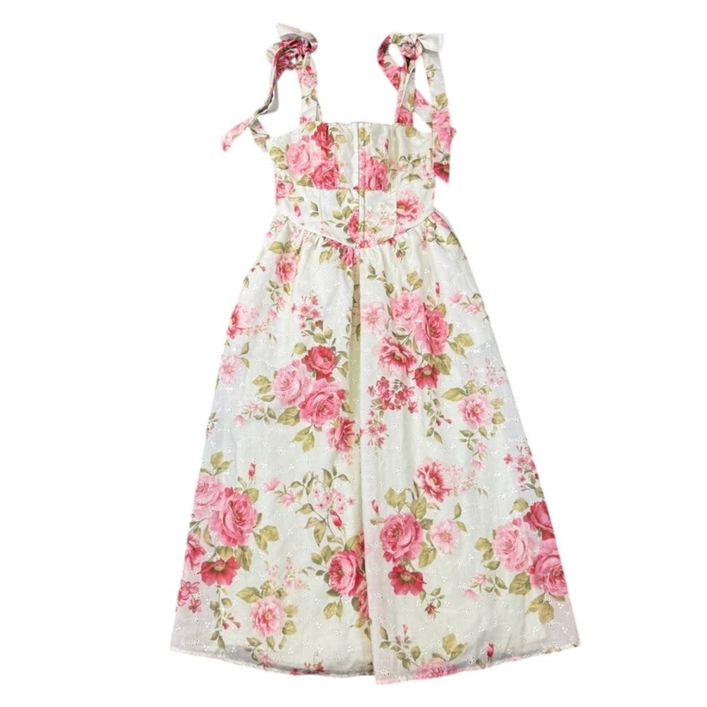Thirty/Thir LA Floral Eyelet Midi Dress Pink Rose Tie Strap Cottagecore Small